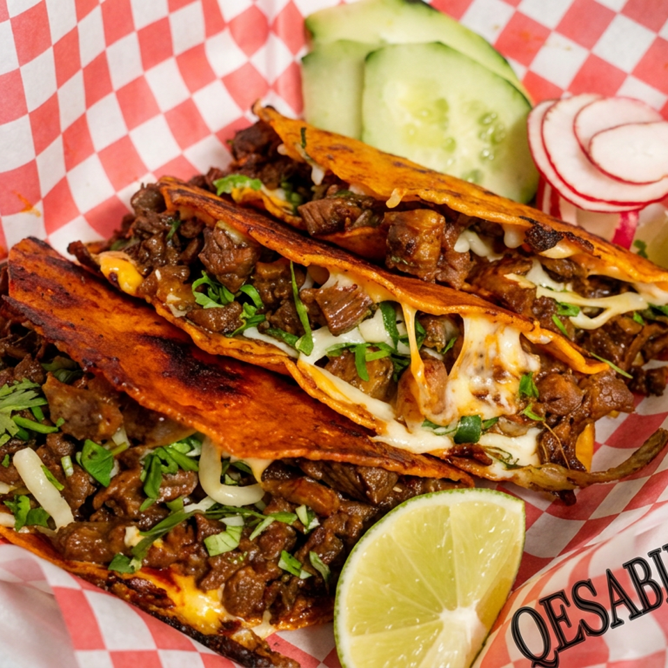 Three crispy birria tacos filled with chopped beef, melted cheese, onions, and cilantro, served with lime, cucumber, and radish.