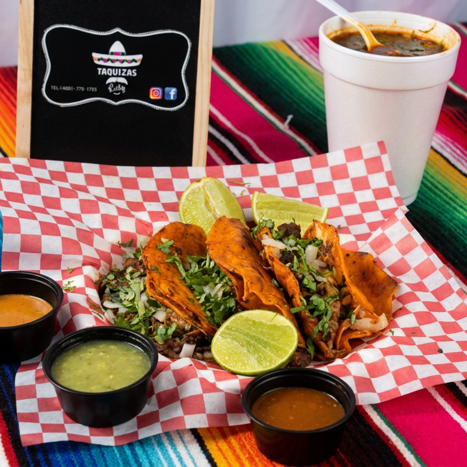 Three birria-style tacos with cilantro, onions, lime wedges, and dipping sauces on a colorful Mexican serape tablecloth.