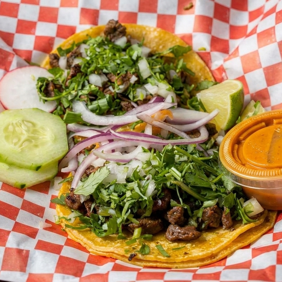 Two tacos topped with grilled meat, cilantro, onions, and radishes, served with cucumber, lime, and orange salsa.