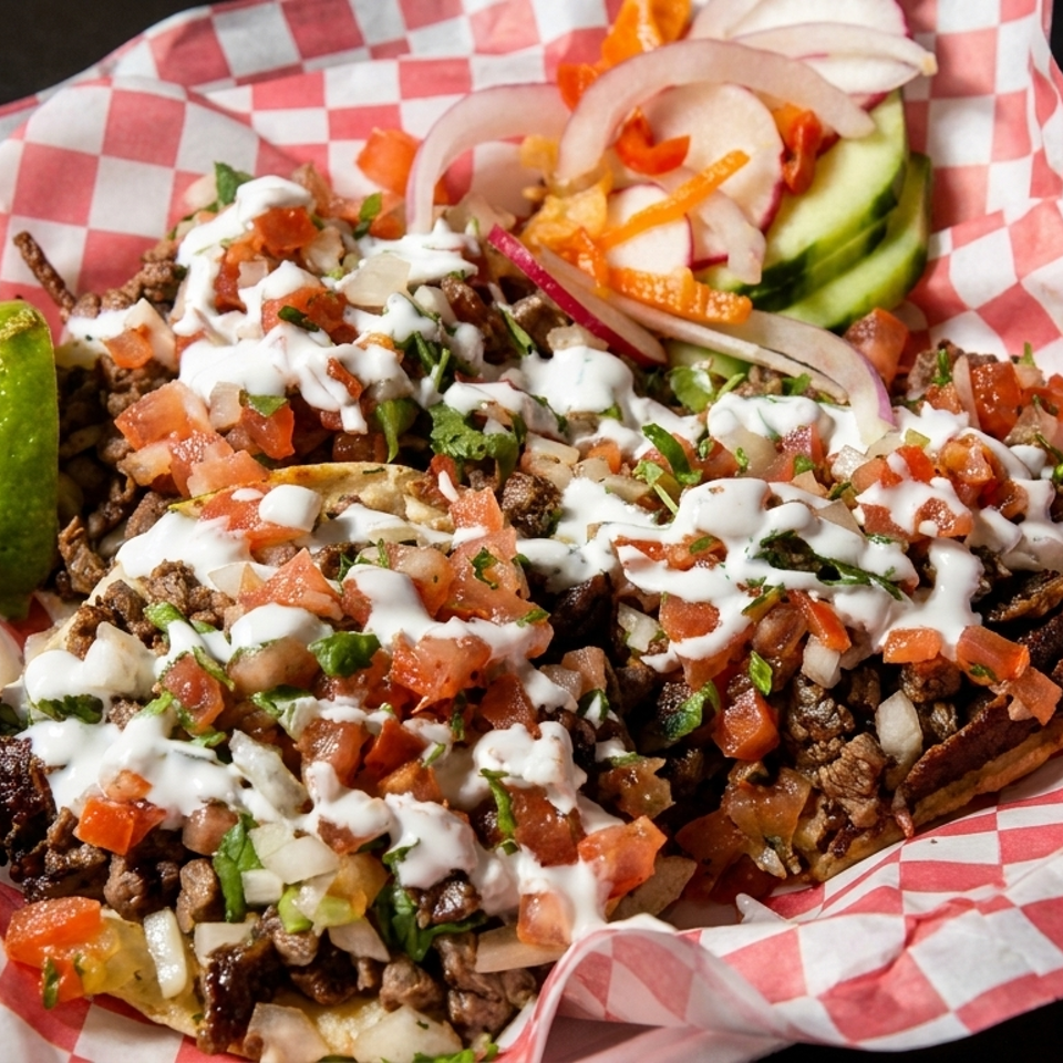 Loaded fries topped with seasoned meat, diced tomatoes, onions, cilantro, and creamy sauce, served with lime and pickled vegetables.