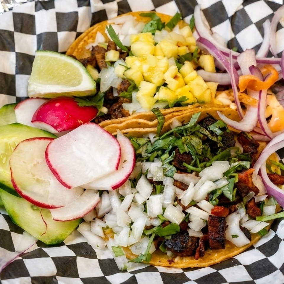 Three tacos topped with grilled meat, pineapple salsa, onions, cilantro, radishes, cucumber, lime, and pickled peppers on checkered paper.