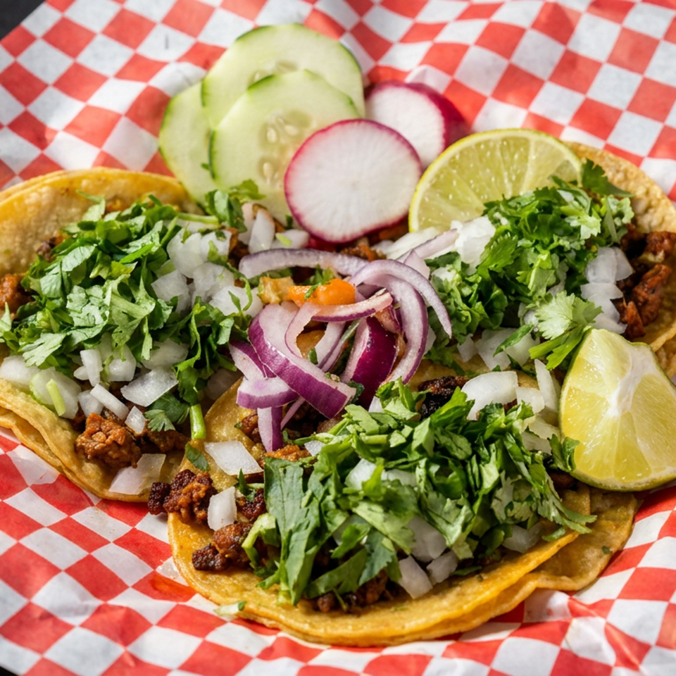 Three tacos topped with seasoned meat, cilantro, diced onions, and red onion, served with lime, radishes, and cucumber slices.