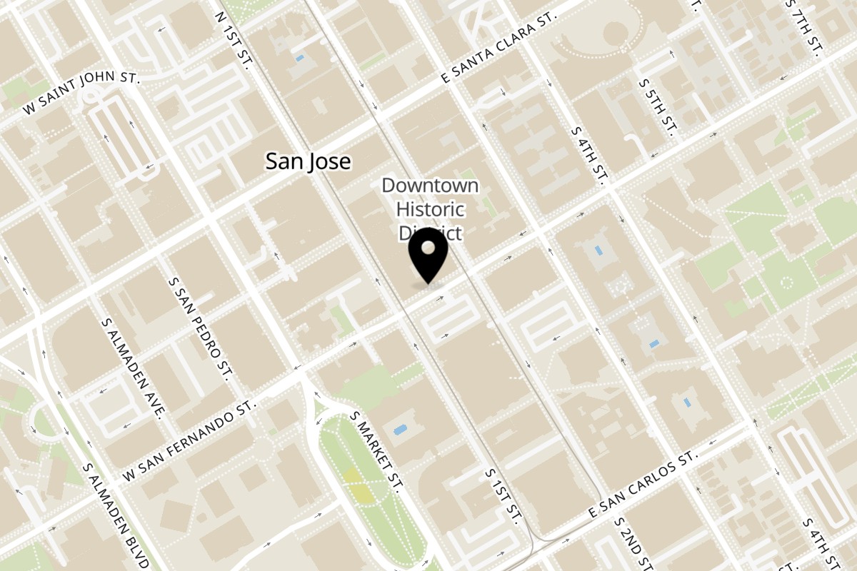 Map showing the location of Taquizas Ruiz on 1 E San Fernando St y in San Jose